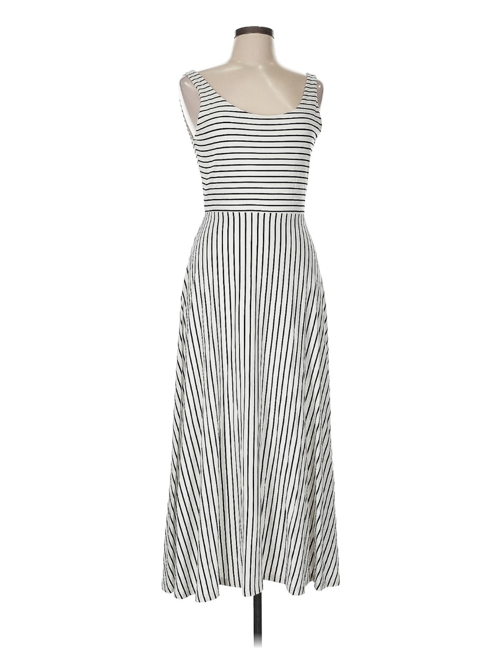 LOFT Black and White Striped Sleeveless Maxi Dress with Tie Waist